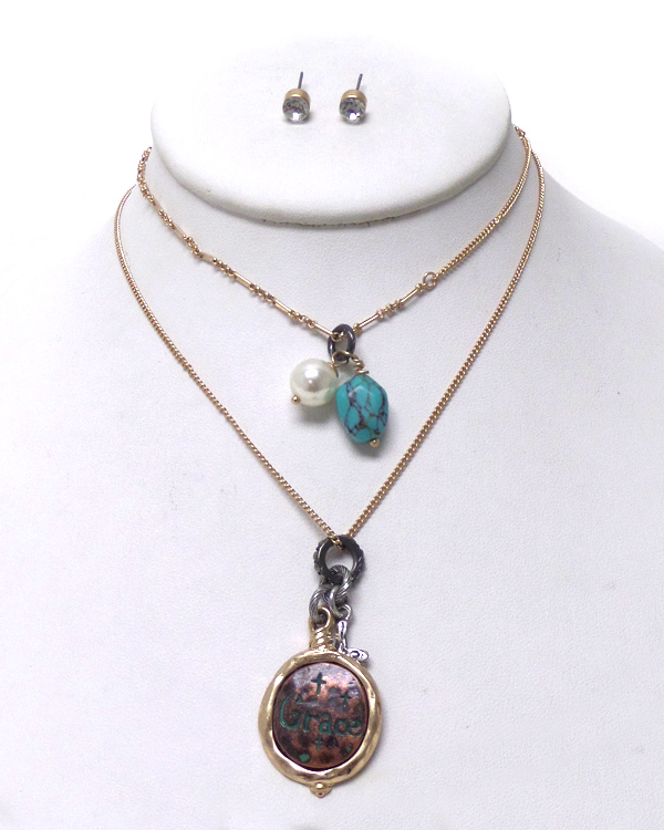 TWO LAYER TURQUOISE STONE NECKLACE SET