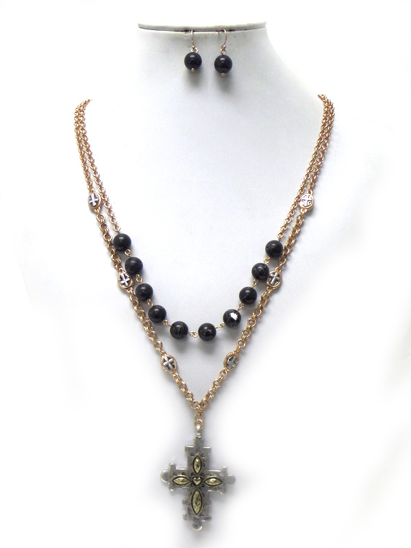 TWO LAYER STONES AND CHAIN METAL CROSS NECKLACE SET 