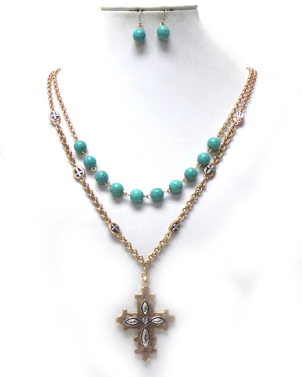 TWO LAYER STONES AND CHAIN METAL CROSS NECKLACE SET