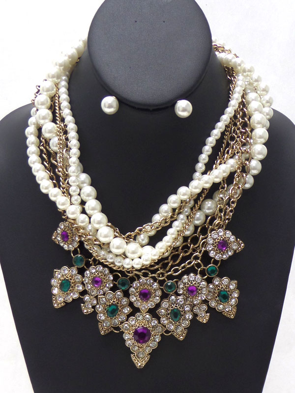 LAYER PEARL AND CHAIN FLORAL NECKLACE SET 