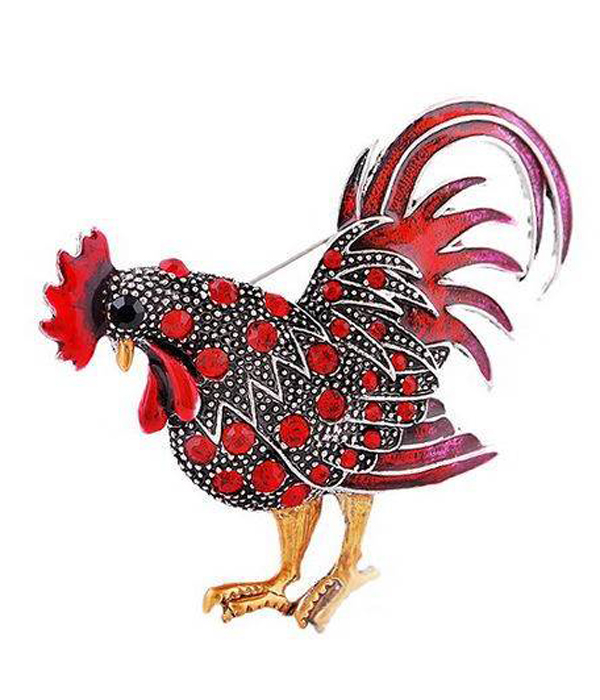 CRYSTAL AND EPOXY ROOSTER PIN OR BROOCH