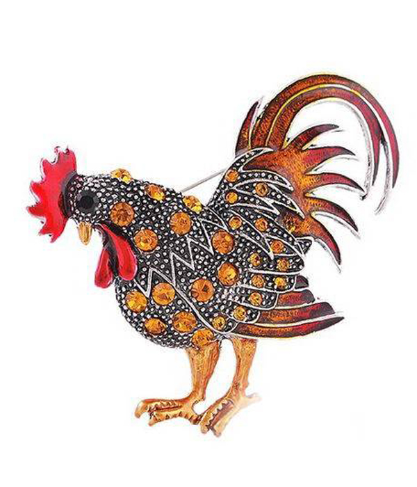 CRYSTAL AND EPOXY ROOSTER PIN OR BROOCH