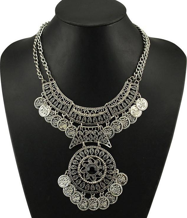 BAROQUE STYLE METAL FILIGREE DOUBLE CHAIN NECKLACE