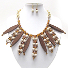 MULTI WOODEN BARS AND SEMI PRECIOUS STONE BALLS WITH CRYSTAL GLASS PATERN CHAIN NECKLACE EARRING SET
