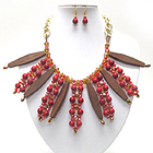 MULTI WOODEN BARS AND SEMI PRECIOUS STONE BALLS WITH CRYSTAL GLASS PATERN CHAIN NECKLACE EARRING SET