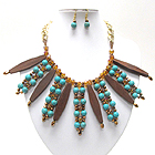 MULTI WOODEN BARS AND SEMI PRECIOUS STONE BALLS WITH CRYSTAL GLASS PATERN CHAIN NECKLACE EARRING SET