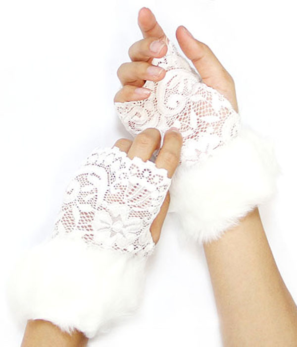 VINTAGE LACE AND FUR ACCENT OPEN FINGER GLOVE