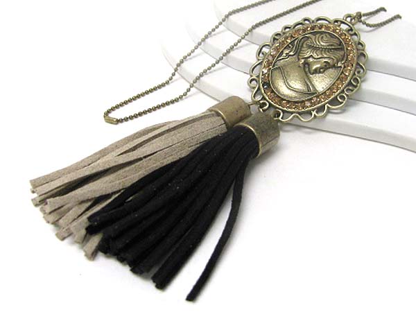 CRYSTAL DECO METAL CAMEO AND LEATHER TASSEL LONG NECKLACE