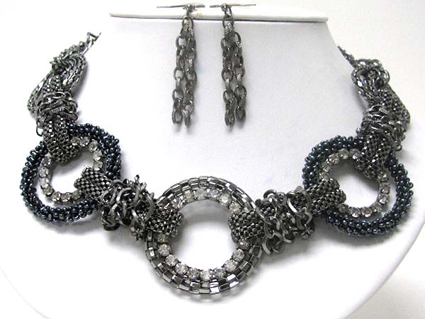 CRYSTAL DECO RING LINK MESH CHAIN NECKLACE EARRING SET