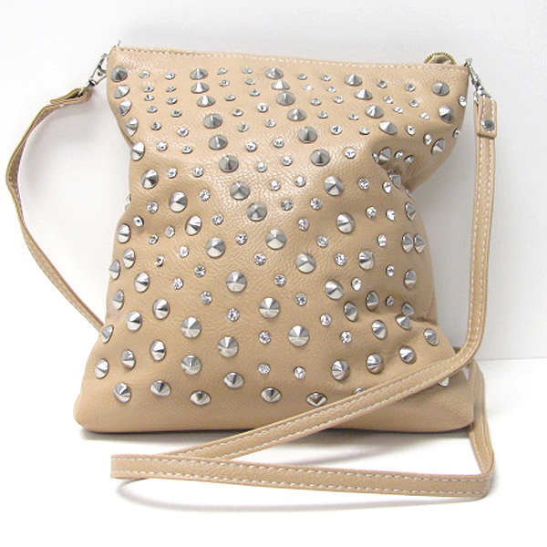 CRYSTAL AND SPIKE STUD LEATHERETTE ZIPPER TOP CROSS BODY MESSENGER BAG - ADJUSTABLE AND DETACHABLE STRAP
