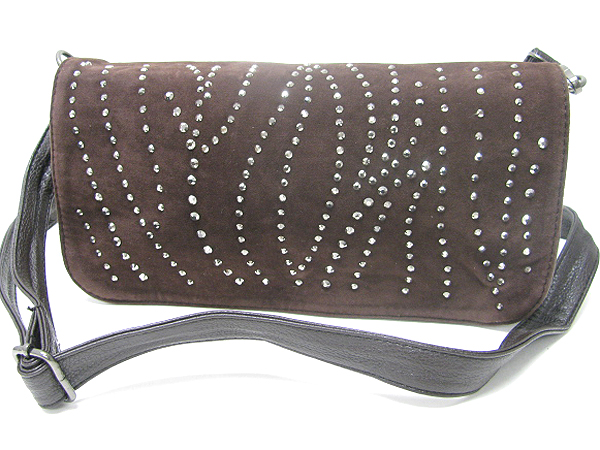 CRYSTAL STUD SUEDE AND LEATHERETTE FRONT FLOP BAG - ADJUSTABLE AND DETACHABLE STRAP