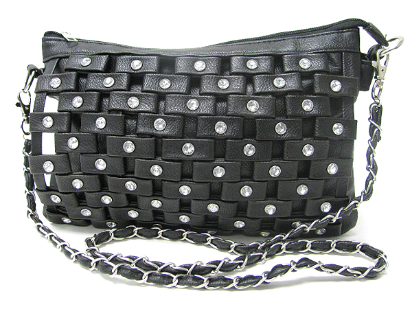 CRYSTAL STUD AND PATTERNED LEATHERETTE ZIPPER TOP BAG - DETACHABLE CHAIN STRAP