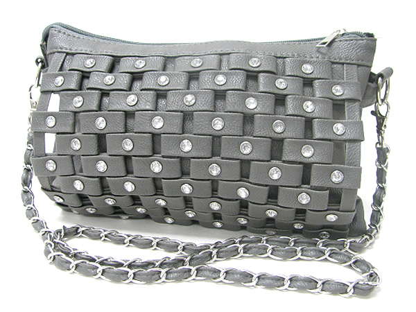 CRYSTAL STUD AND PATTERNED LEATHERETTE ZIPPER TOP BAG - DETACHABLE CHAIN STRAP