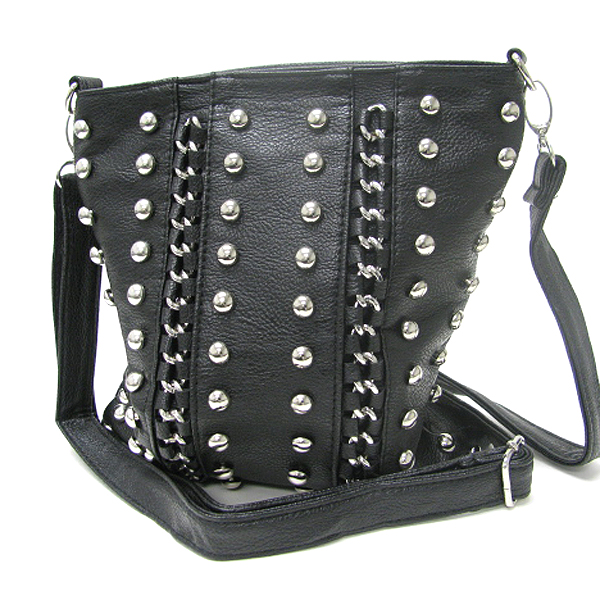 METAL STUD AND CHAIN DECO LEATHERETTE ZIPPER TOP CROSS BODY MESSENGER BAG - ADJUSTABLE AND DETACHABLE STRAP