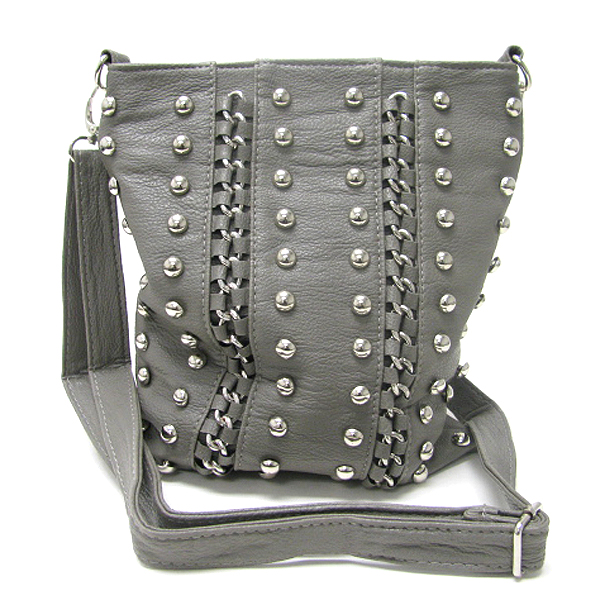 METAL STUD AND CHAIN DECO LEATHERETTE ZIPPER TOP CROSS BODY MESSENGER BAG - ADJUSTABLE AND DETACHABLE STRAP