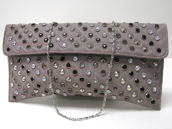 CRYSTAL AND METAL SPIKE STUD LEATHERETTE FRONT FLOP BAG - DETACHABLE CHAIN STRAP