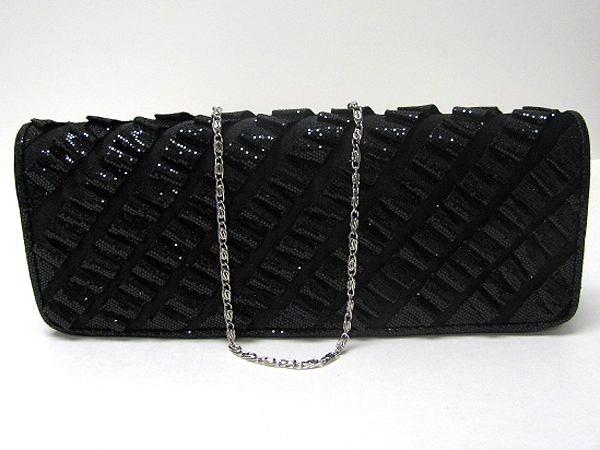 GLITTERING AND PLEATED FABRIC AND FRONT FLOP SATIN EVENING BAG - DETACHABLE CHAIN STRAP