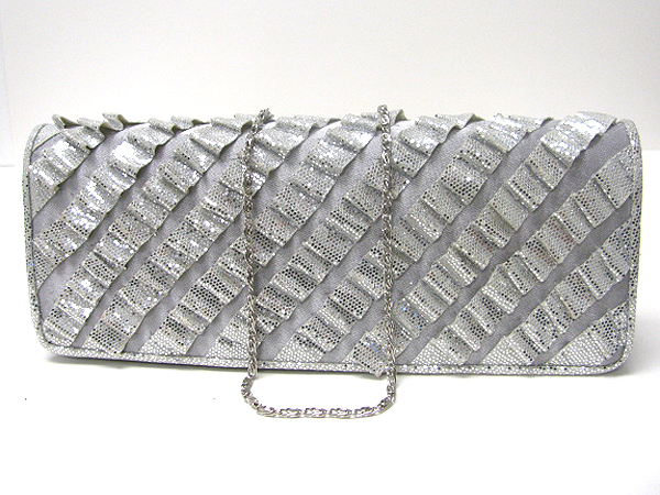 GLITTERING AND PLEATED FABRIC AND FRONT FLOP SATIN EVENING BAG - DETACHABLE CHAIN STRAP