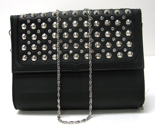 CRYSTAL AND METAL SPIKE STUD LEATHERETTE FRONT FLOP BAG - DETACHABLE CHAIN STRAP