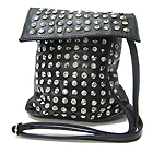 CRYSTAL AND SPIKE STUD LEATHERETTE FRONT FLOP CROSS BODY MESSENGER BAG - ADJUSTABLE AND DETACHABLE STRAP