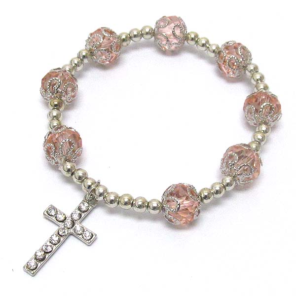 CRYSTAL CROSS CHARM AND FACET STONE LINK STRETCH BRACELET