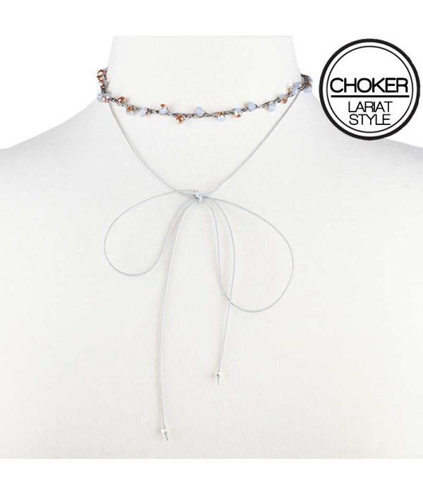 FACET STONE AND CORD LARIAT STYLE CHOKER NECKLACE