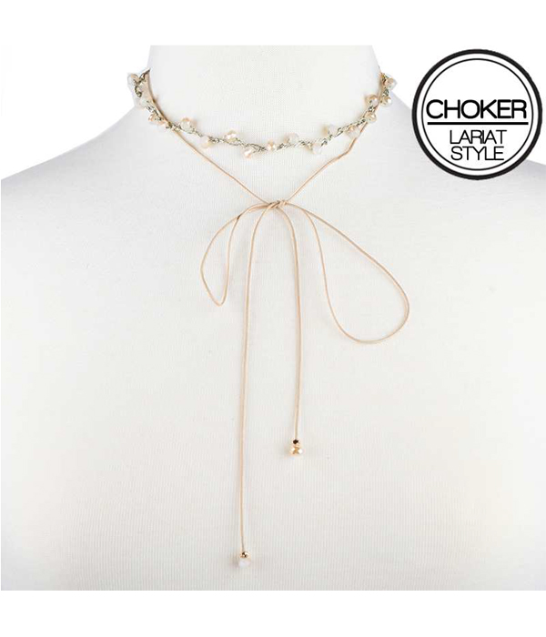 FACET STONE AND CORD LARIAT STYLE CHOKER NECKLACE