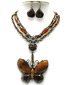 BOUTIQUE QUALITY AMBER TONE NATURAL REGIN AND CRYSTAL BUTTERFLY DROP NECKLACE AND EARRING SET - Wholesale Jewelry