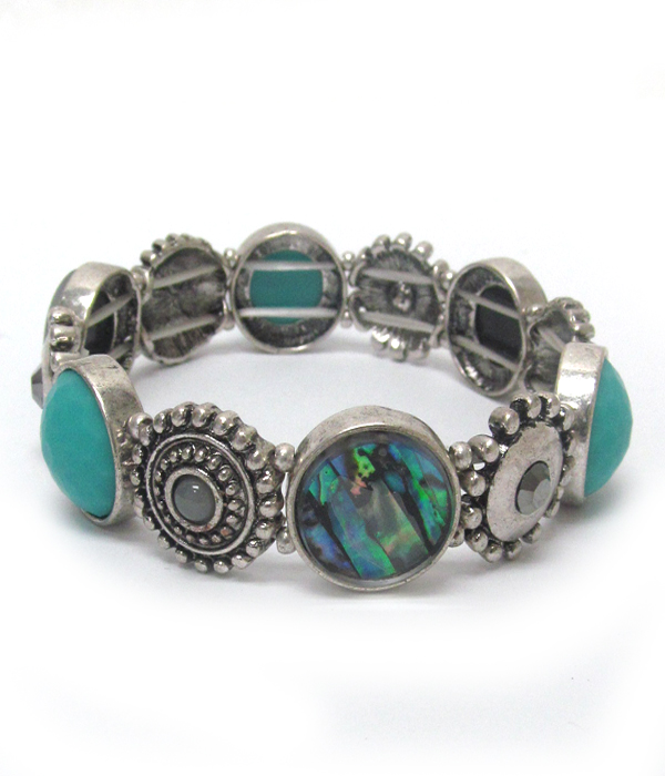 ABALONE AND TEXTURED METAL DISK LINKED STRETCH BRACELET 