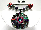 CRYSTAL STUD METAL AND BEADS ART LARGE ROUND PEANDANT NECKLACE SET