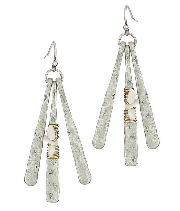 NATURAL STONE WIRE WRAP BEAD HAMMERED METAL BAR DROP EARRING