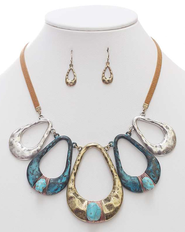 NATURAL STONE WIRE WRAP BEAD MULTI HAMMERED TEARDROP LINK NECKLACE SET