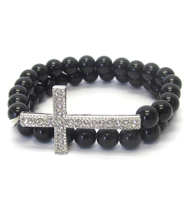 CRYSTAL CROSS AND BALL BEAD DOUBLE STRETCH BRACELET