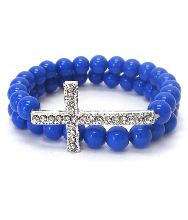 CRYSTAL CROSS AND BALL BEAD DOUBLE STRETCH BRACELET