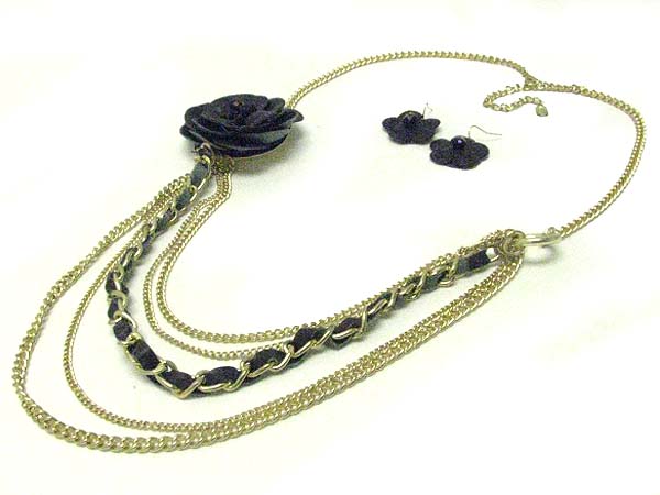 FABRIC FLOWER AND MULTI METAL CHAIN LONG NECKLACE EARRING SET