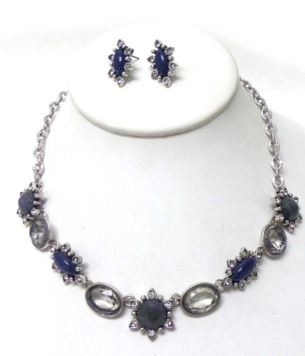 BURN SILVER CRYSTAL AND STONE LINKED NECKLACE SET 
