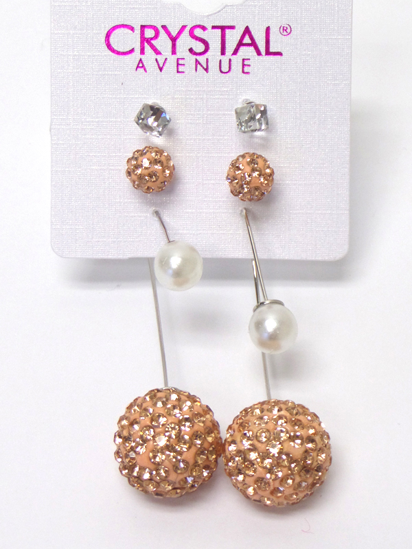 CRYSTAL FIREBALL DROP DOUBLE SIDED FRONT AND BACK 3 PIECE EARRING SET