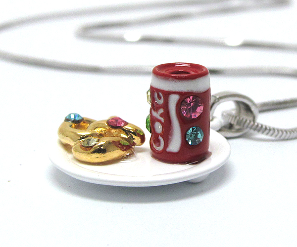 MADE IN KOREA WHITEGOLD PLATING AND METAL EPOXY CRYSTAL STUD MINIATURE SODA AND PRETZEL PENDANT NECKLACE
