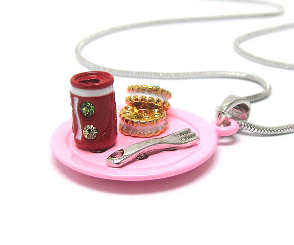 WHITEGOLD PLATING AND METAL EPOXY CRYSTAL STUD TWO MINIATURE COOKIE AND SODA CAN PENDANT NECKLACE