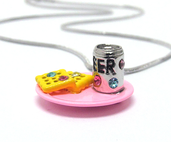 WHITEGOLD PLATING AND METAL EPOXY CRYSTAL STUD TWO MINIATURE COOKIE WITH BEER CAN PENDANT NECKLACE