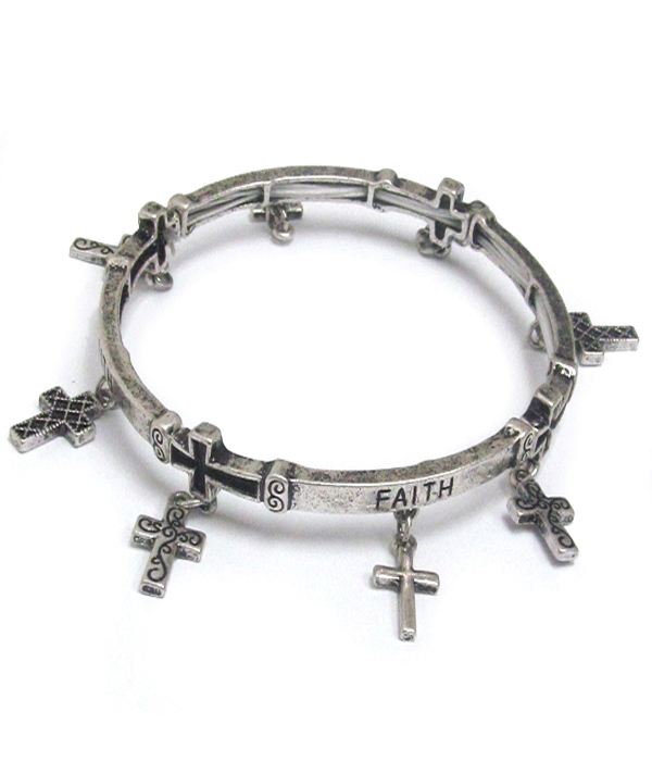 RELIGIOUS INSPIRATION CROSS CHARM AND MESSAGE ON SIDE STRETCH BRACELET - FAITH