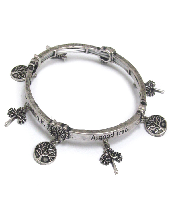 RELIGIOUS INSPIRATION TREE OF LIFE CHARM AND MESSAGE ON SIDE STRETCH BRACELET - MATTHEW 7:18