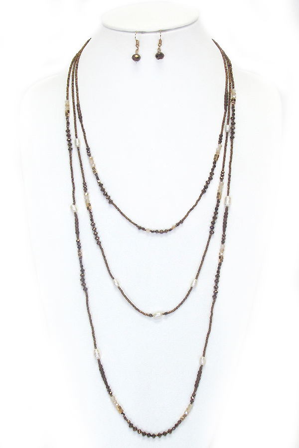 MULTI SEED BEAD AND PEARL MIX 3 LAYER LONG NECKLACE SET