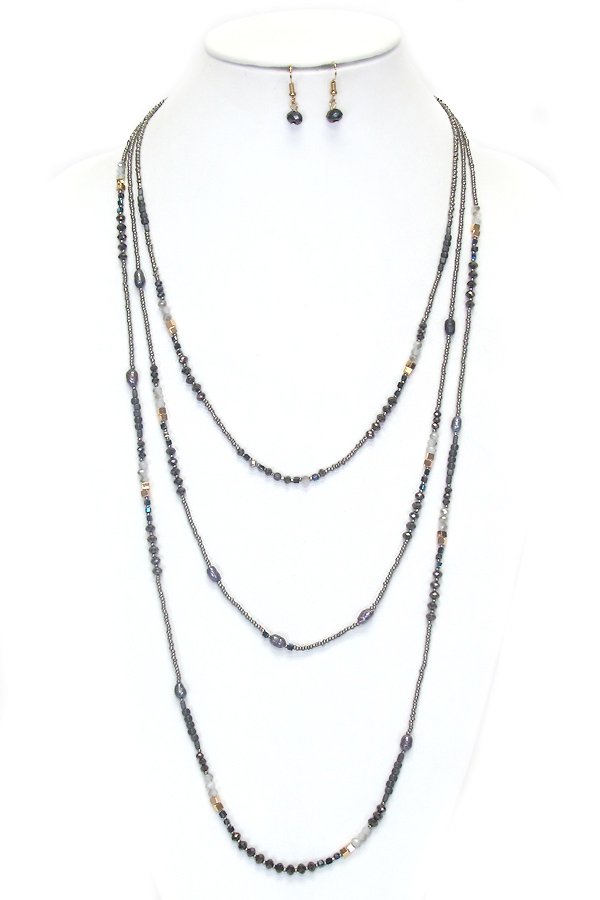 MULTI SEED BEAD AND PEARL MIX 3 LAYER LONG NECKLACE SET