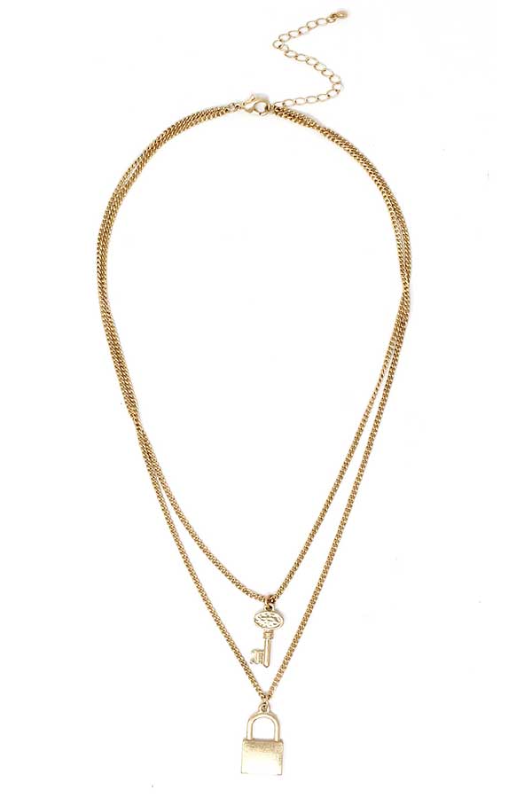 LOCK AND KEY PENDANT DOUBLE LAYER CHAIN NECKLACE