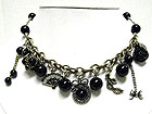 ANTIQUE LOOK JET STONE BALL AND CHARM CHAIN NECKLACE