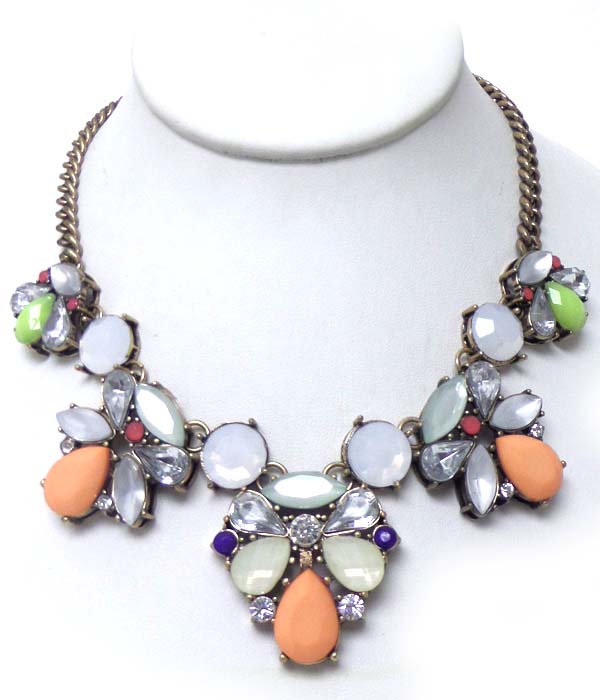 LINKED FLOWERS WITH MULTI STONES AND CRYSTAL NECKLACE