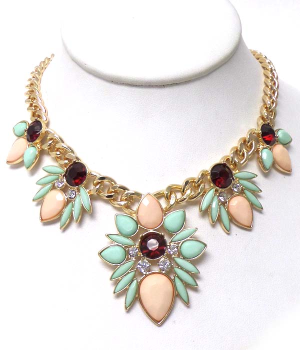 LINKED FLOWERS WITH MULTI STONES AND CRYSTAL NECKLACE
