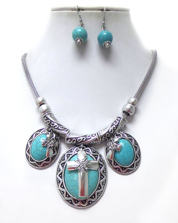 TUBE CHAIN WITH TURQUOISE STONE CROSS NECKLACE SET