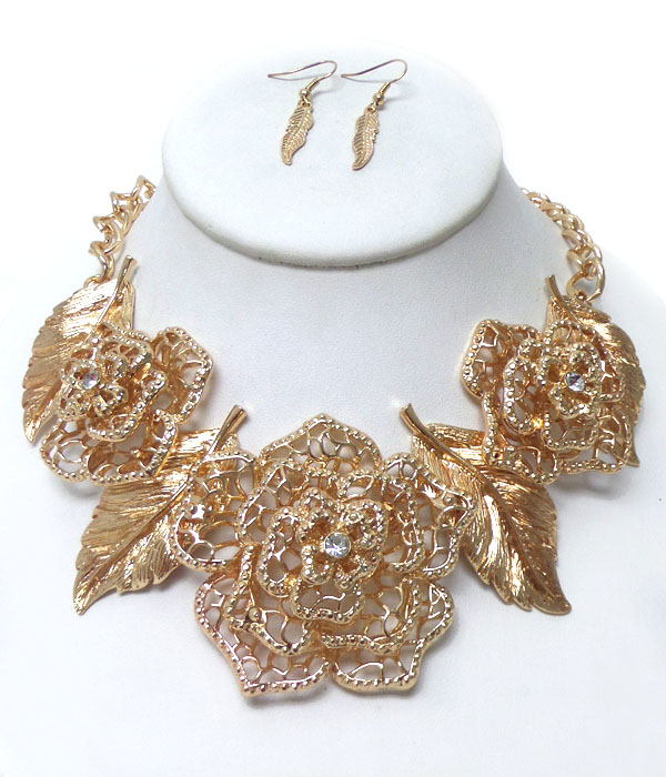 BOLD LARGE ROSE WITH CRYSTALS NECKLACE SET
